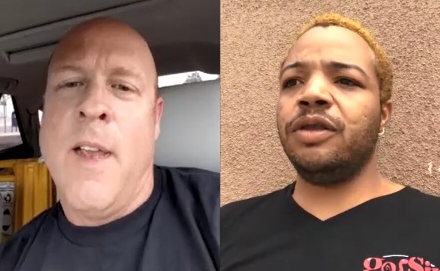 Nowell Helms (left) and Deon Winters (right) talk about their unemployment experiences via Zoom video chat, April 4, 2020.