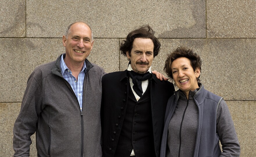 AMERICAN MASTERS "Edgar Allan Poe: Buried Alive" writer/director Eric Stange, Tony Award-winning and Emmy-nominated actor Denis O'Hare (who stars as Edgar Allan Poe), and pre-production coordinator Barbara Costa on the set.