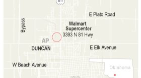 This map shows the location of where three people were shot and killed at a Walmart in Duncan, Oklahoma, Nov 18, 2019. 