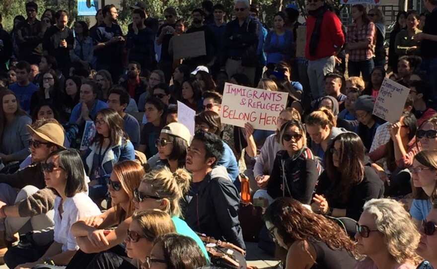 UCSD students gather at a demonstration protesting President Trump's immigration ban, Monday, Jan. 30, 2017.