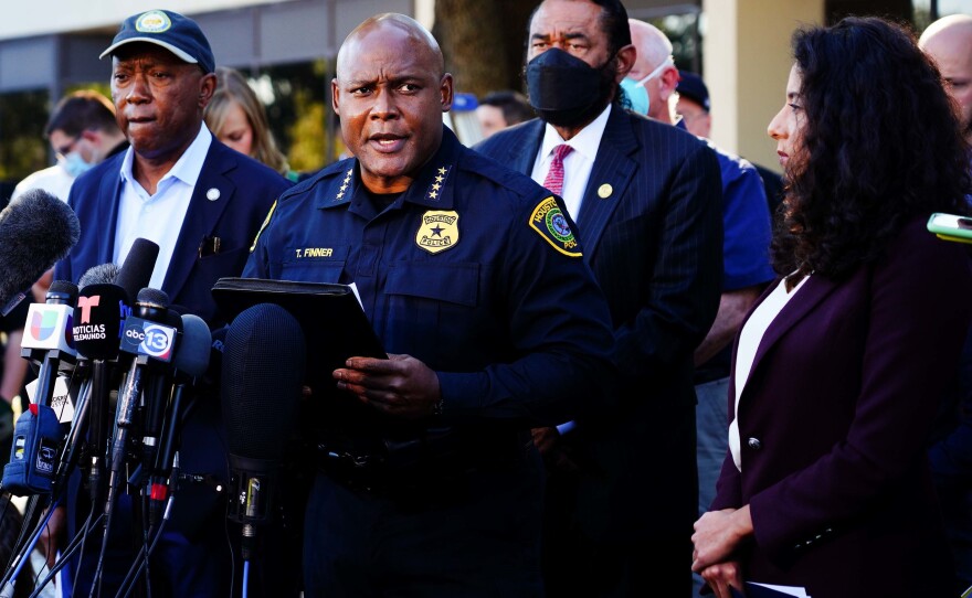 Houston Chief of Police Troy Finner speaks at the press conference regarding the Astroworld Festival incident on Saturday in Houston, Texas. According to authorities, eight people died.