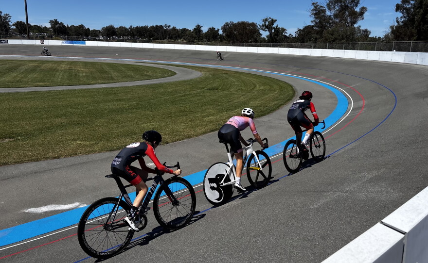 Cyclists race at the San Diego Velodrome, April 4, 2026.