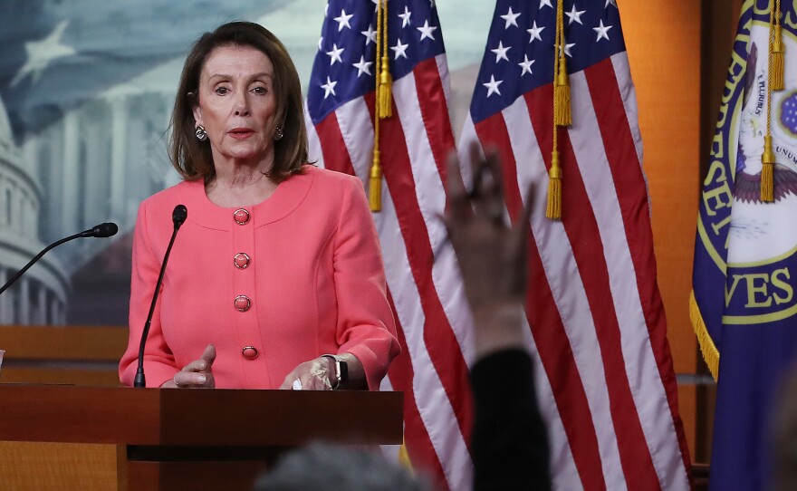 House Speaker Nancy Pelosi, D-Calif., speaks during her weekly news conference on Capitol Hill in Washington, D.C., on Thursday. Among the topics discussed were Attorney General William Barr's failure to appear before the House Judiciary Committee to discuss the special counsel report on Russia's interference in the 2016 election.
