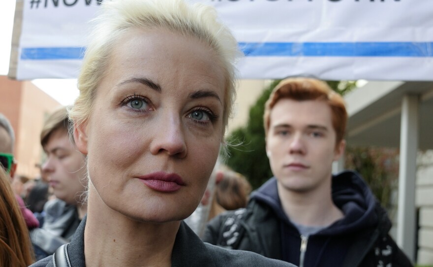 Yulia Navalnaya, widow of Alexey Navalny, stands in a queue with other voters at a polling station near the Russian embassy in Berlin, on Sunday.