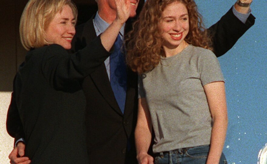 President Bill Clinton and first lady Hillary Clinton wave as they depart from Andrews Air Force Base with Chelsea on her way to starting her freshman year at Stanford University.