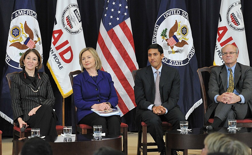 Anne-Marie Slaughter (left) former director of policy planning, sits with Secretary of State Hillary Clinton and fellow State Department employees, USAID Administrator Rajiv Shah and USAID Deputy Administrator Donald Steinberg, far right, in 2010.