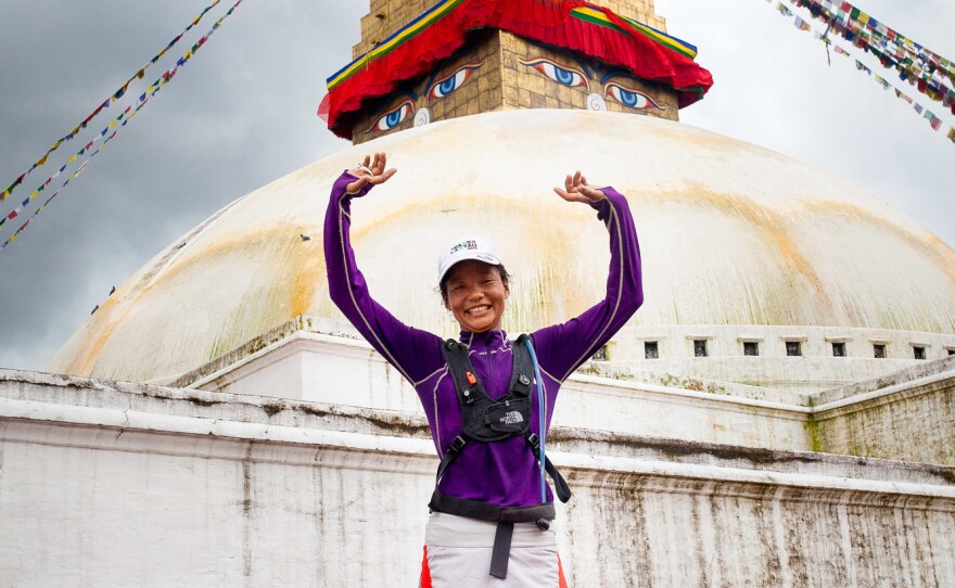 Rai ends an 18-mile training run at the Boudha Stupa, one of Nepal's most iconic Tibetan Buddhist monuments.