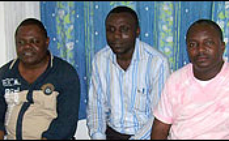 Christian Mounzeo (from left), Magloire Senga and Brice Mackosso are anti-corruption activists in Pointe-Noire, Congo. The three men are affiliated with the international Publish What You Pay coalition, which aims to force governments to reveal their oil revenues and how the money is spent. Mounzeo and Mackosso have twice been arrested by Congolese authorities and accused of defaming President Denis Sassou-Nguesso.