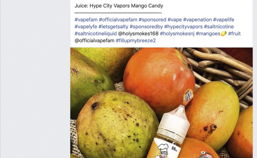 This image captured on Friday, June 7, 2019, shows a Sept. 4, 2018 post on Facebook cited by the U.S. Food and Drug Administration as promoting an e-cigarette formula without including the required nicotine warning statement. On Friday, the FDA sent warning letters to four companies that used paid social media specialists to pitch their fruity and candy nicotine formulas to their online followers.