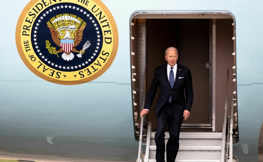 US President Joe Biden disembarks from Air Force One at Minneapolis-Sait Paul International Airport in Minneapolis, Minnesota, on May 1, 2022.