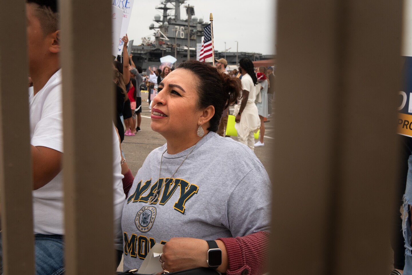 A navy mom looks for her son on the aircraft carrier Theodore Roosevelt on Oct. 15, 2024 at the Naval Air Station North Island on Coronado Island.