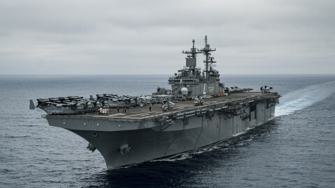 The U.S. Navy amphibious assault ship USS Boxer (LHD 4) steams in the Pacific Ocean July 12, 2024. Elements of the 15th Marine Expeditionary Unit are currently embarked aboard the Boxer Amphibious Ready Group conducting routine operations in U.S. 3rd Fleet.