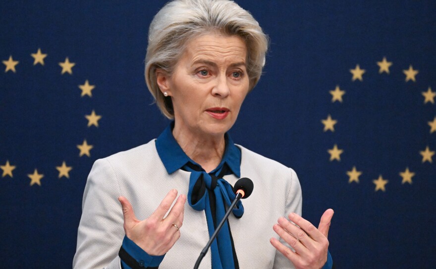 European Commission President Ursula von der Leyen speaks during a briefing after meetings with Chinese leaders at the China-EU Summit in Beijing on Dec. 7, 2023. The Commission has launched a probe into China's trade practices.