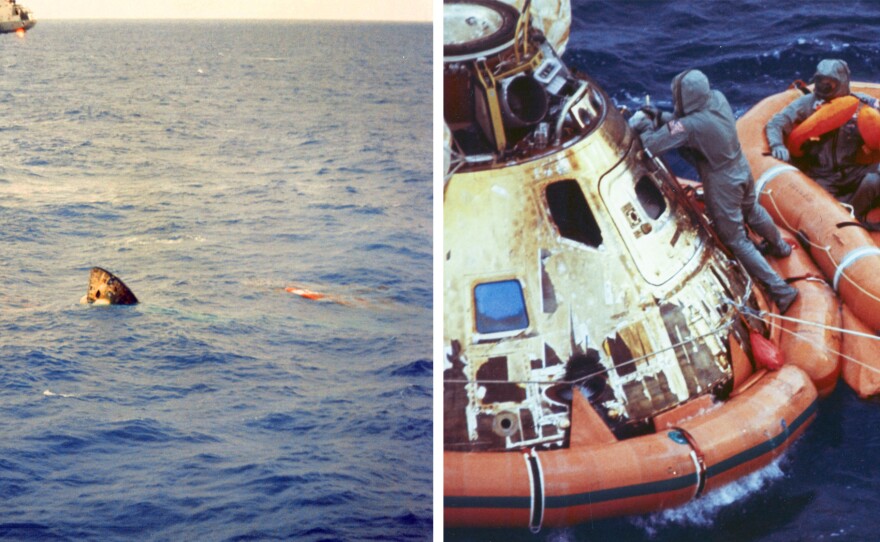 The Apollo 11 command module splashed down on July 24, 1969. (Left) A helicopter hovers over the inverted command module shortly after splashdown. (Right) Astronauts Neil Armstrong, Michael Collins and Buzz Aldrin await pickup from their life raft.