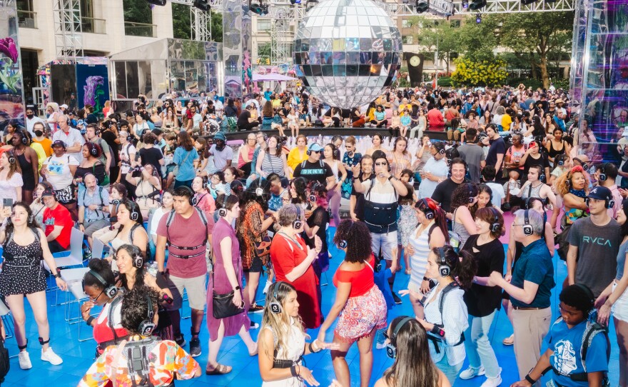A crowded dance floor at the Silent Disco at Lincoln Center, New York City on Saturday, July 1, 2023.