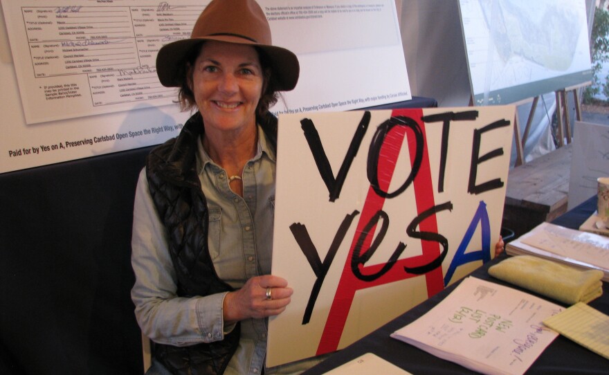 Catherine Miller at the "Yes on A" tent in Carlsbad, Feb. 12, 2016.