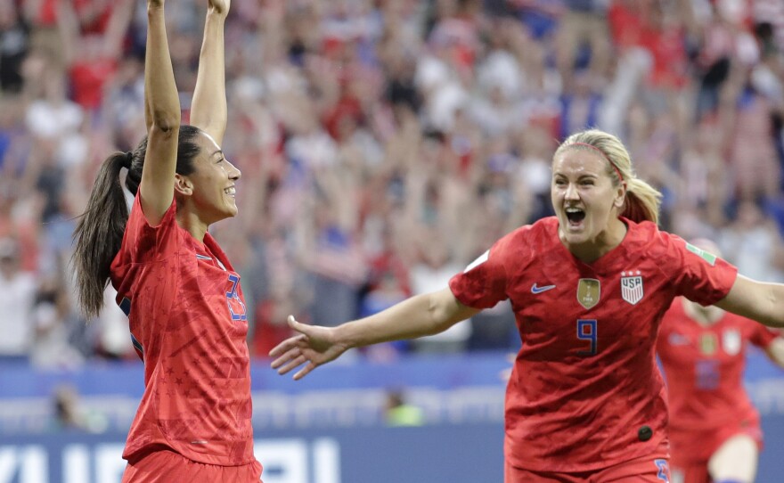 Christen Press (left) celebrates after scoring the U.S.'s first goal during the Women's World Cup semifinal against England. The U.S. won 2-1.
