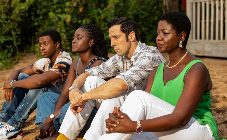 (L-R) Marlon Pryce (TAHJ MILES), Naomi Thomas (SHANTOL JACKSON), DI Neville Parker (RALF LITTLE) and Darlene Curtis (GINNY HOLDER)