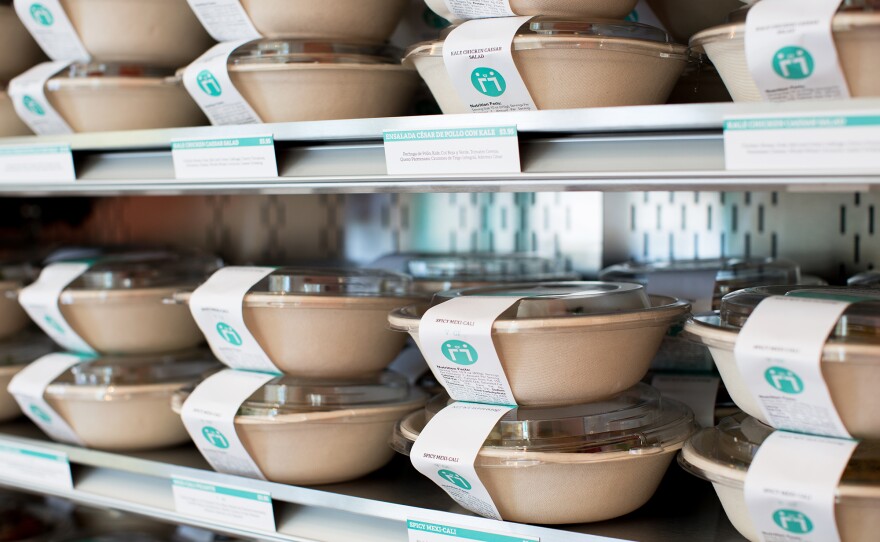 Everytable's meals are prepared in a central kitchen, then packaged in to-go containers. Customers can heat them and eat them at the restaurant or take them home for later.