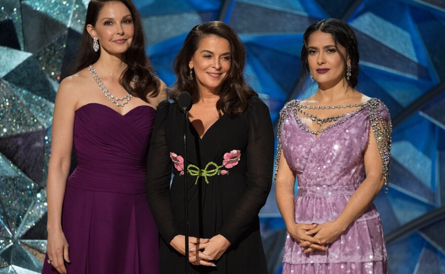 From left, Ashley Judd, Annabella Sciorra and Salma Hayek, three of the women who have accused Harvey Weinstein of sexual abuse and misconduct, took center stage at Sunday night's Oscar ceremonies to introduce a video about Hollywood needing to allow for more diverse voices, March 4, 2018.