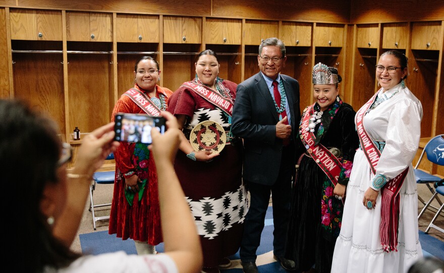From left: Martinez, Montoya, Navajo Nation President Russell Begaye, Littleben and Jake take a photo prior to the coronation ceremony. The Office of Miss Navajo reports to the Office of the Vice President of the Navajo Nation, making the position a highly coveted leadership and ambassador role.