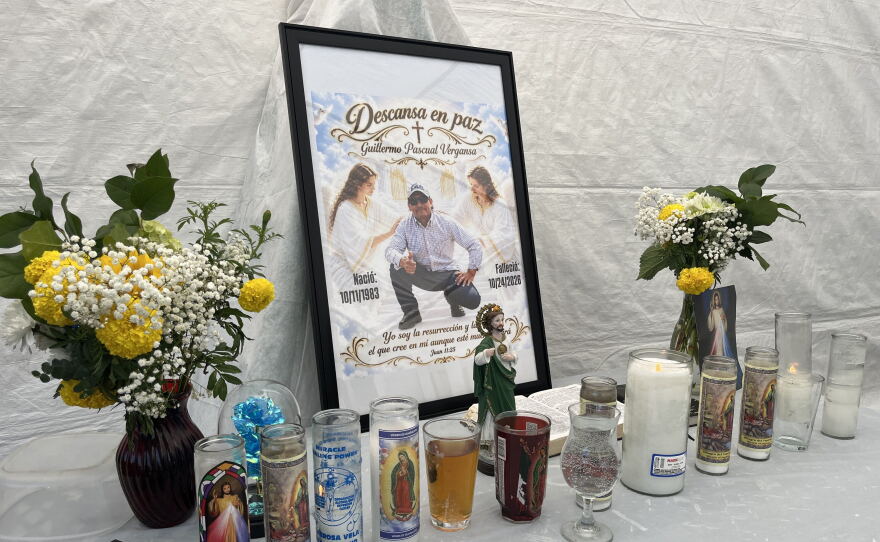 An ofrenda for Guillermo Pascual Vergansa is set up in the backyard of his family's home, Oct. 28, 2026.