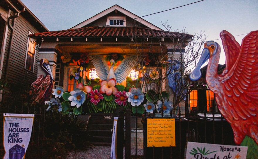 The "Birds of Bulbancha" house float made by the Krewe of Red Beans in New Orleans.