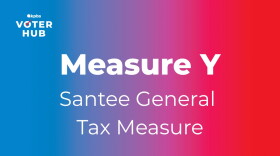 The text "Measure Y: City of Santee General Tax Measure" is displayed over a blue to red gradient background, in this undated graphic. 