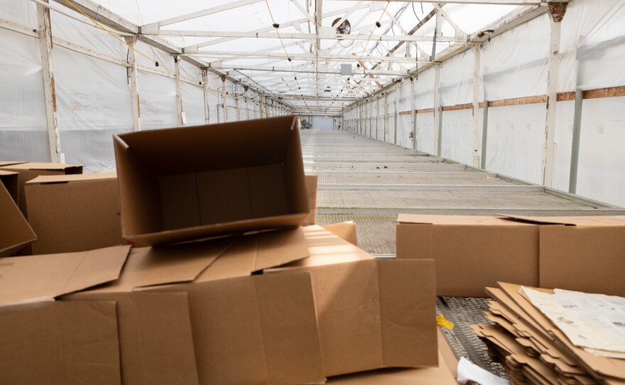 An empty greenhouse at Fox Point Farms in Encinitas is shown on July 13, 2021. Operators at the farm are moving the cultivation of both flowers and hemp to new locations.