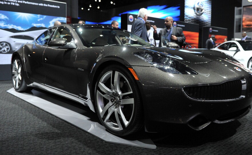 The Karma sedan, a premium electric plug-in hybrid by Fisker Automotive, is seen at the New York International Auto Show on April 5, 2012.