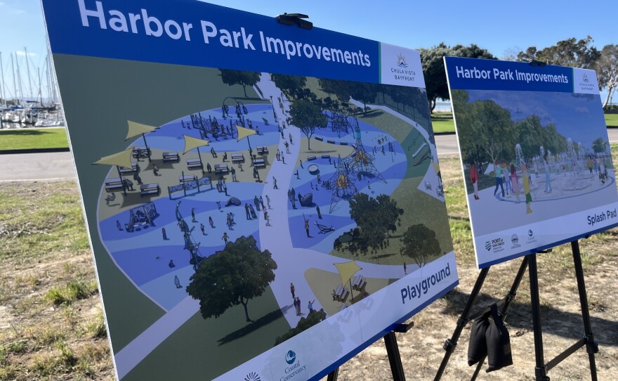 Renderings of Harbor Park are propped up on easels, March 3, 2026.