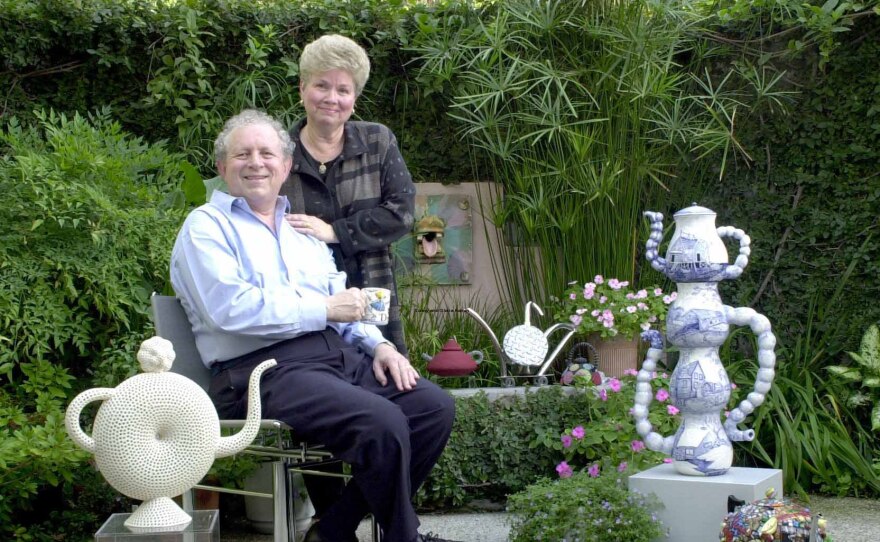 Tea pot collectors Sonny and Gloria Kamm pictured at home in Los Angeles, Calif. with some of their tea pots sculptures.