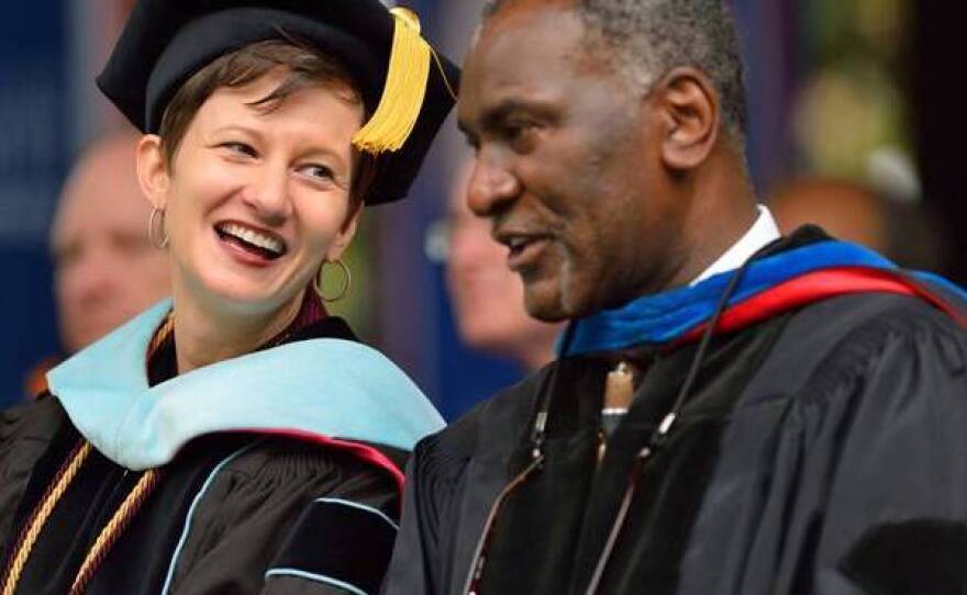Brandi Hephner LaBanc (left) and Donald Cole during commencement at the University of Mississippi in May. The two have spearheaded the new seminar discussing last year's election night rally.