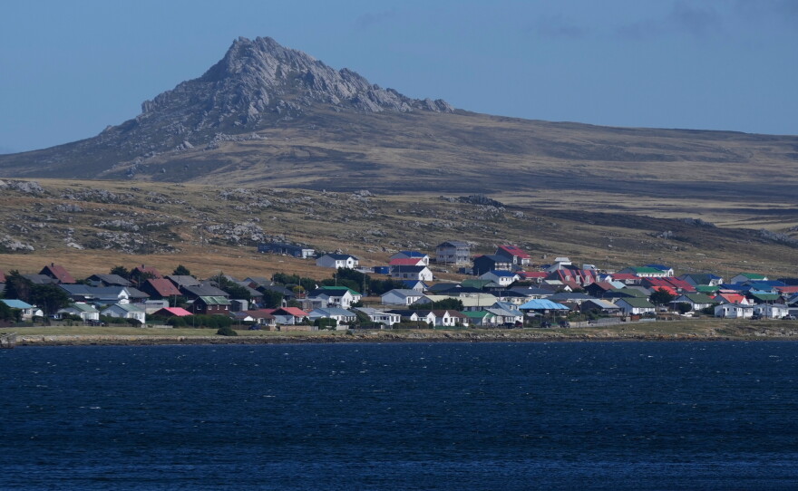 FILE - Mount Tumbledown stands tall behind Stanley on the Falkland Islands, also known as Islas Malvinas, March 16, 2026.