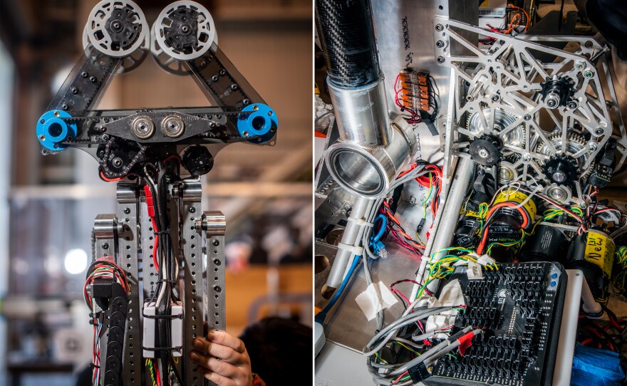 The hand-like effector on Archbishop Mitty High School Team 1351 TKO's robot (left) telescopes and tilts to handle game pieces. (Right) Team 971 Spartan Robotics are known for their innovative tech.