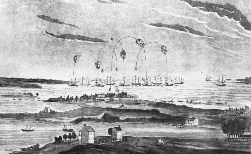 The bombardment of Fort McHenry by British forces on September 13, 1814. The defense of the fort inspired Francis Scott Key to write the poem that became the American national anthem, "The Star-Spangled Banner".
