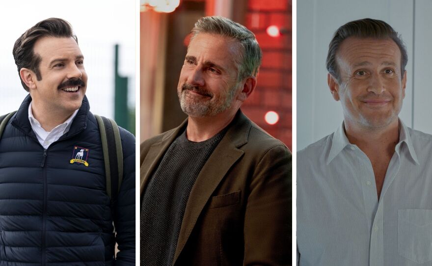 Jason Sudeikis, from left, in Ted Lasso, Steve Carell in Rooster and Jason Segel in Shrinking — all star in comedies from Bill Lawrence.