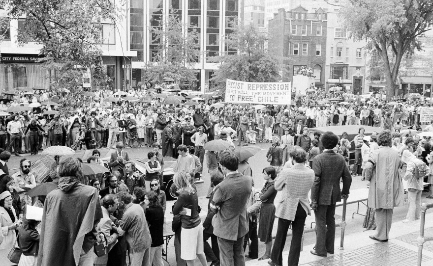 Demonstrators gather in Washington, D.C., on Sept. 26, 1976, to protest the killing of former Chilean Ambassador Orlando Letelier. Letelier and Ronni Moffitt were killed in a car bombing.