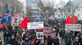 Angry protesters demonstrate in front of the Icelandic Parliament in March.  Voters rejected a plan that would have forced the country to pay for the losses of savers in the United Kingdom and the Netherlands.