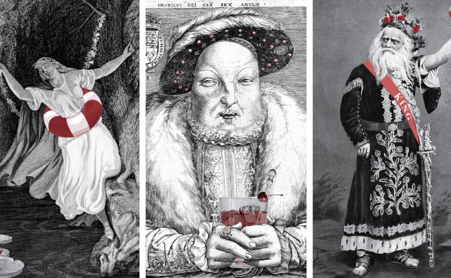 A trio of illustrations from the cocktail book <em>Shakespeare, Not Stirred</em>: Ophelia, King Henry VIII and King Lear.
