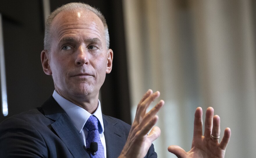 Boeing CEO Dennis Muilenburg in New York earlier this month. The Boeing board has voted to take away his job as chairman so he can focus on fixing 737 Max jets which are all grounded after two fatal crashes.
