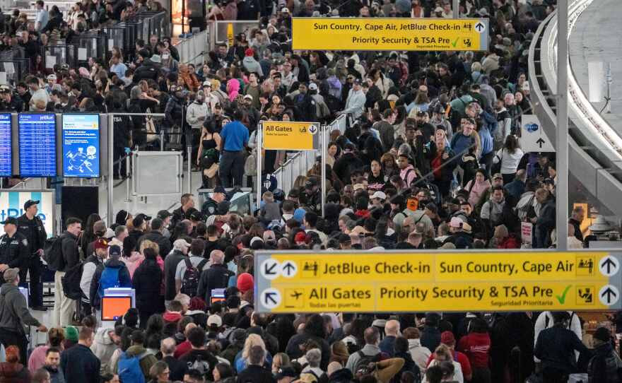 People wait in a TSA line at the John F. Kennedy International Airport, Sunday, March 22, 2026, in New York. (AP Photo/Yuki Iwamura)