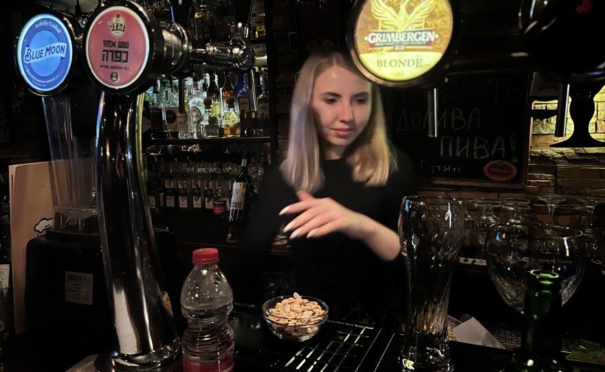 Pub bartender Sima Kogan, 25, fled Donetsk for Jerusalem in 2014, when Russia instigated war in eastern Ukraine. Her father was killed and her mother fled to Kyiv, where she is now sheltering in a metro station.