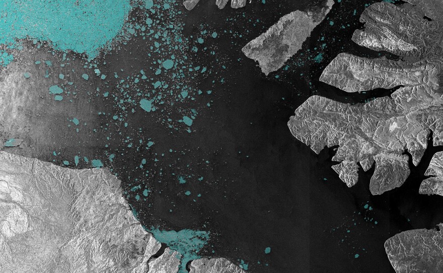 A European Space Agency photo of the McClure Strait in the Canadian Arctic. The McClure Strait is the most direct route of the Northwest Passage and has been fully open since early August 2007.