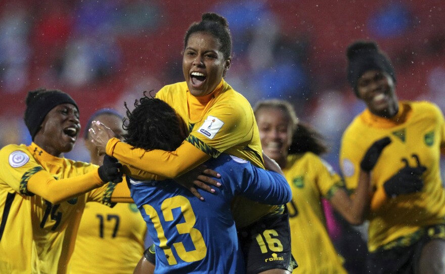 Jamaica's Reggae Girlz celebrate winning a penalty kick shootout against Panama to advance to this year's Women's World Cup.