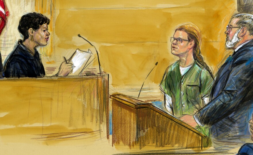 U.S. District Judge Tanya Chutkan was depicted in this sketch during a hearing with Maria Butina (center) and her attorney, Robert Driscoll, in December.