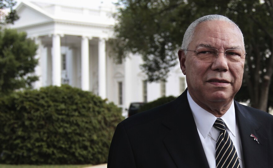 Former Secretary of State General Colin Powell, who died on Monday, is pictured leaving the White House in July 2011.