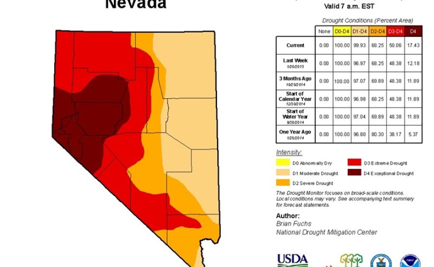 A chart and map is shown detailing the drought in Nevada as of Jan. 27, 2015.