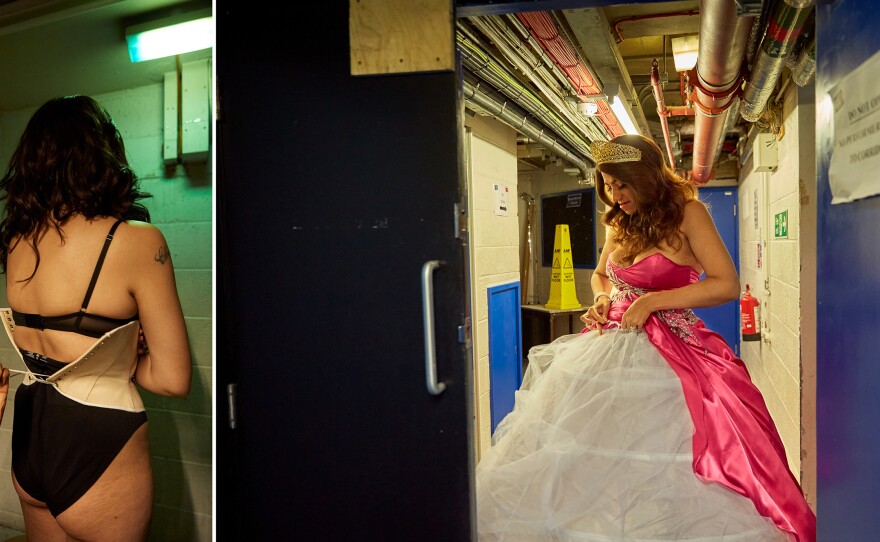 <strong>Left:</strong> Chedino holds on to her corset as Miss saHHara loops and tightens its laces. <strong>Right:</strong> Chedino struggles with the hoop rings of her quinceañera ball gown while on her way to greet the audience for the preliminary evening.