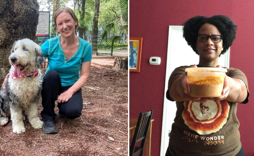 We asked NPR readers to share the items they can't live without in the pandemic. From left to right: Kenji Hall with his traditional Japanese pot, Trish Kandik with her foster dog Penelope and Lauren Morton with a takeout container of Indian food.